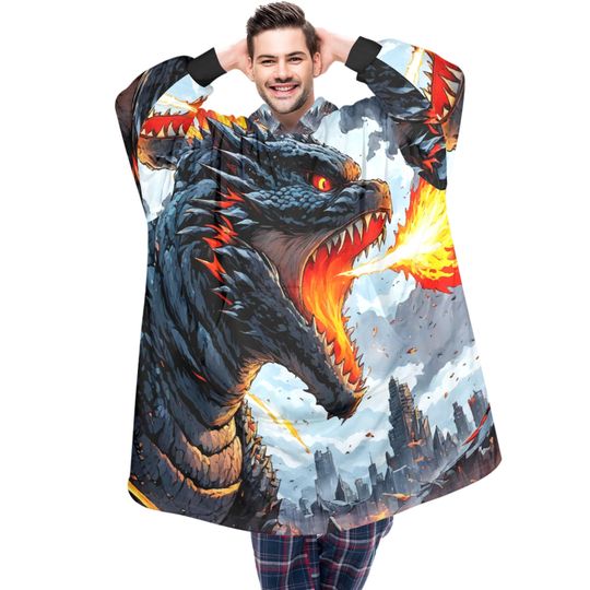 god zilla Blanket Hoodie Retro Kaiju Monster Cartoon Fleece