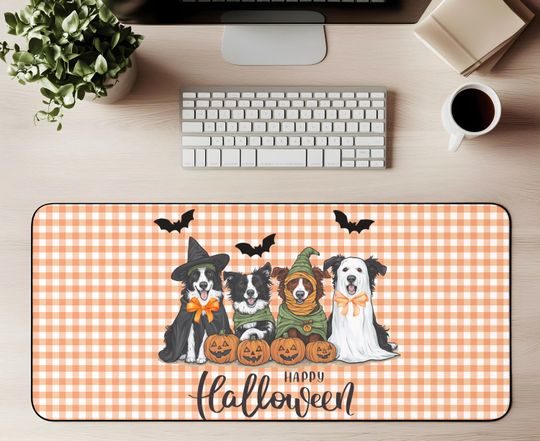 Border Collie Halloween Desk Mat | Cute Dog Witch Ghost Pumpkin Desk Pad | Large Mouse Pad Gaming Mat | Orange Gingham Fall Office Decor