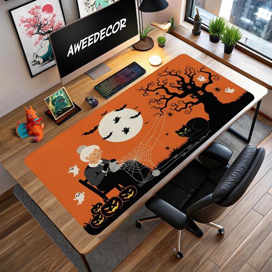 Spooky Halloween Desk Mat: Witch Cat, Pumpkin & Ghost Office Decor