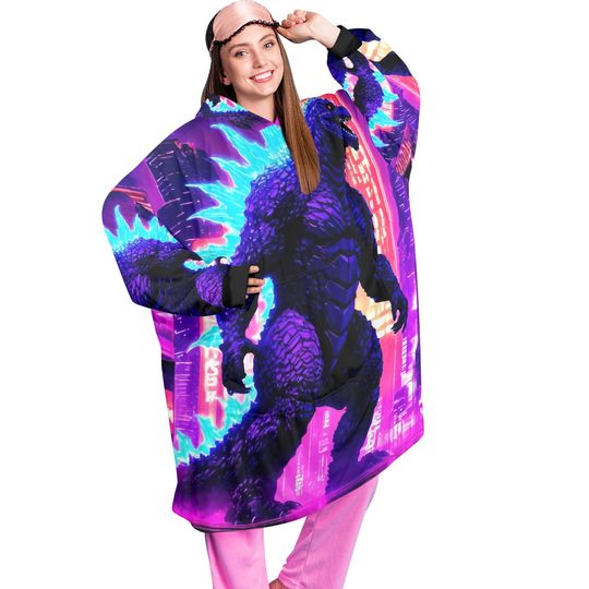 god zilla Blanket Hoodie Retro Kaiju Neon Art Personalized