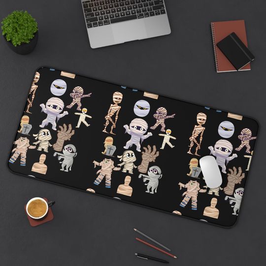 Vibrant Halloween Themed Desk Mat with Cute Mummies and Monsters, Festive Workspace Decor, Gift Students, Home Office Accessories, Holiday