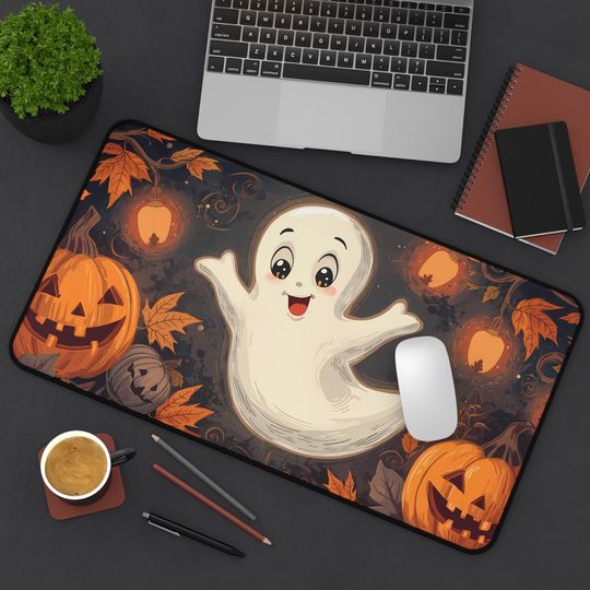 Cute Halloween Desk Mat with Ghost and Pumpkins, Office Decor, Gamer Mat, Halloween Decor, Autumn Vibes, Gaming Mouse Pad
