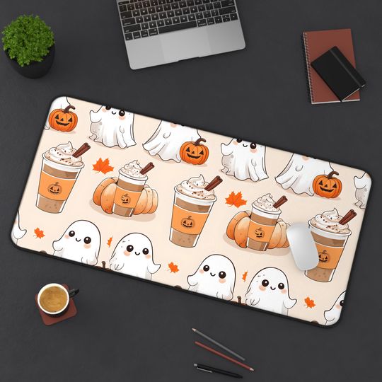Ghost pumpkin coffee desk mat, cute fall Halloween desk pad, kawaii ghost gaming mat, autumn pumpkin mouse pad