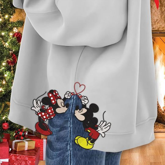 Cartoon Valentine Side Sweatshirt with Mouse and Heart Embroidery for Couples