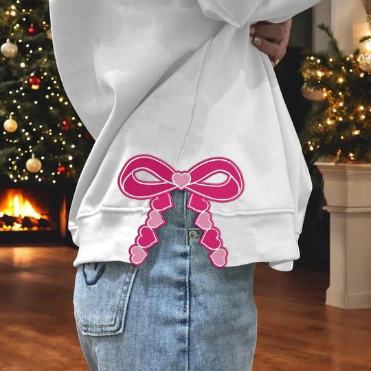 Discover Valentine Coquette Bow Heart Side Sweatshirt with Lover Embroidery and Happy Valentine's Day