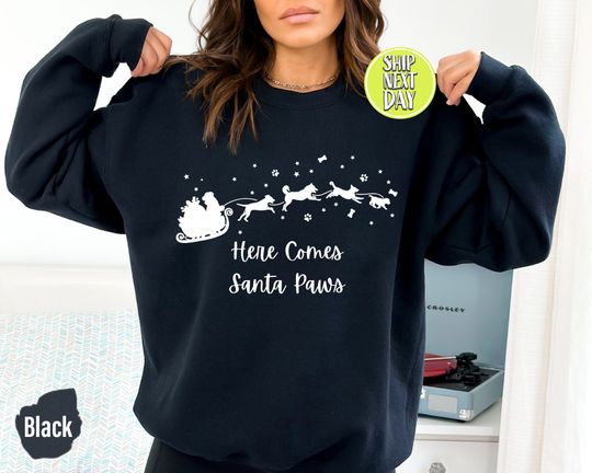 Discover Here Comes Santa Paws Sweatshirt for Pet Lovers