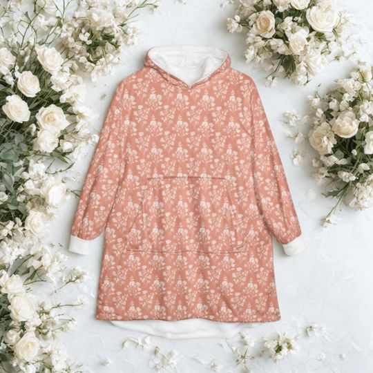 Unisex Hooded Blanket, Oversized Wearable Hoodie Blanket, One Size Fits All, Outdoor Softball Snuggly Hoodie Cloak, Coral Orange Floral