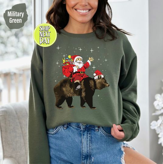 Discover Santa Riding Bear Sweatshirt, Funny Christmas 2025 Shirt