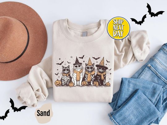 Discover Halloween Cats Witchy Vibes Sweatshirt for Cat Lovers and Pet Owners
