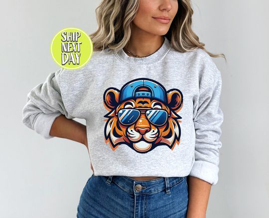 Discover Retro Tigers Game Day Sweatshirt with Tiger Face and Baseball Design