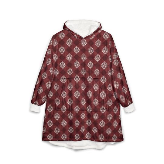 Unisex Hooded Blanket, Oversized Wearable Hoodie Blanket, One Size Fits All, Outdoor Softball Snuggly Hoodie Cloak, Maroon Plaid Damask