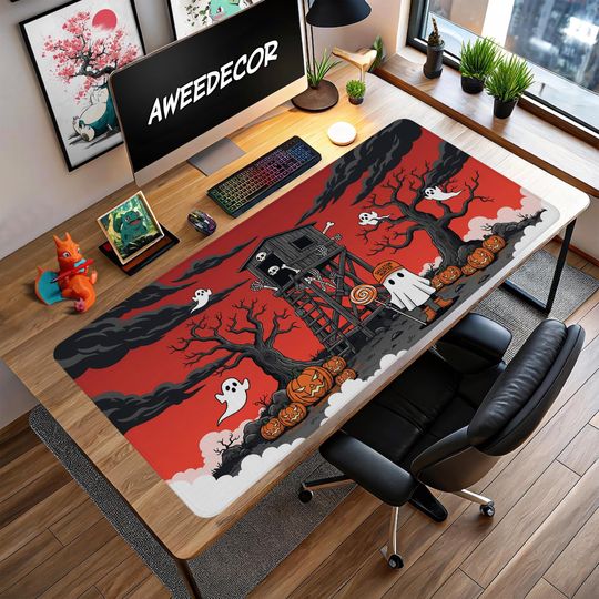 Haunted House Desk Mat: Spooky Gothic Halloween Office Decor
