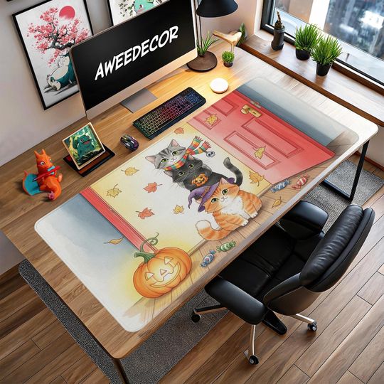 Halloween Cat Desk Mat: Pumpkin Trick or Treat Fall Decor