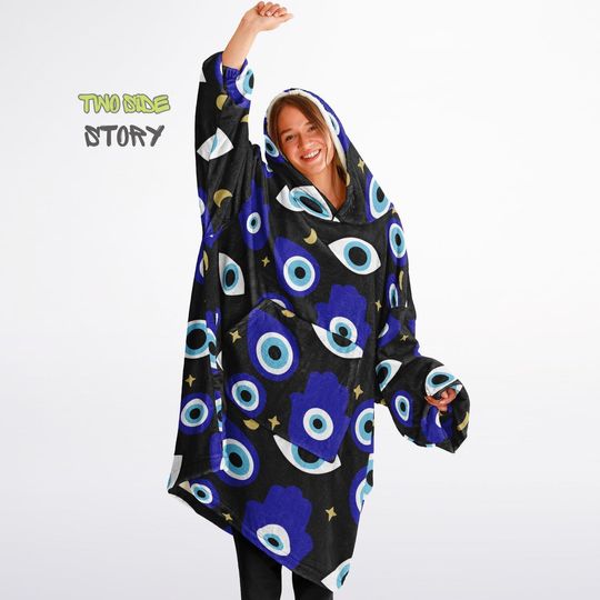 Discover Unisex Evil Eye Print Snug Hoodie,Mykonos Eye Printed Hooded Blanket,Blanket Sleeves,Lounge Wear,Unique,Novelty Gift,Birthday Christmas Gift