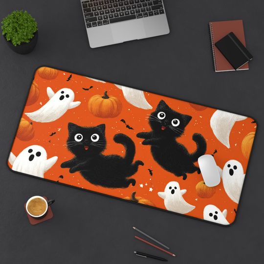 Spooky Cute Halloween Desk Mat, Black Cats Ghosts Pumpkins Art, Whimsical Autumn Office Decor, Fall Season Illustration, Cozy Desk Accessory