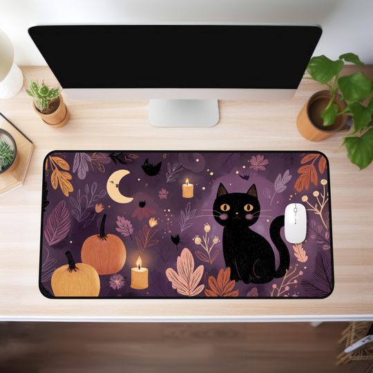 XXL Halloween Mouse Pad  Black Cat Mouse Pad  Pumpkins  Autumn Leaves  Moon  Large Desk Mat  Halloween Desk Mat  Fall Office Decor