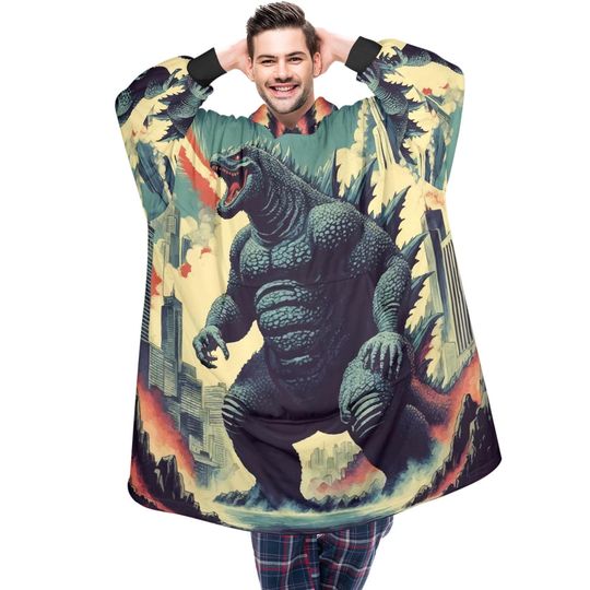 god zilla Blanket Hoodie Retro Comic Kaiju Fleece Lounger