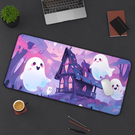 Cute Spooky Ghost House Desk Mat | Halloween Desk Mat | Office Desk Pad | Ghost House Pad | Desk Accessory | Haunted House Work Mat