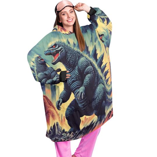 god zilla Blanket Hoodie Retro Cartoon Fleece Loungewear