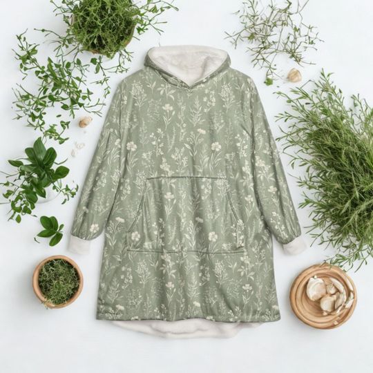 Unisex Hooded Blanket, Oversized Wearable Hoodie Blanket, One Size Fits All, Outdoor Softball Snuggly Hoodie Cloak, Sage Green Floral