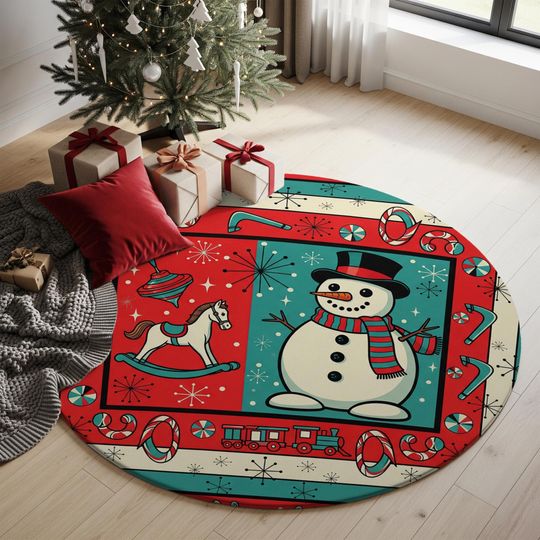 Discover Retro Snowman Christmas Rug  Festive Holiday Carpet with Candy Canes, Rocking Horse and Train  Vintage Style Xmas Home Decoration