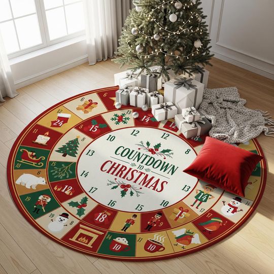 Countdown to Christmas Rug  Advent Calendar Style Holiday Carpet with Festive Icons for Family Fun and Cozy Xmas Home Decoration