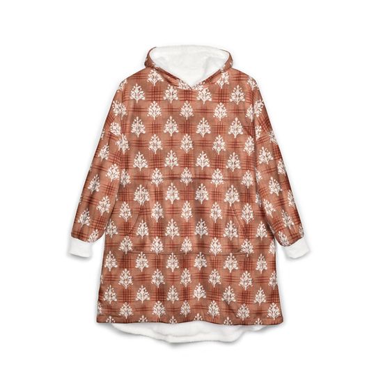 Unisex Hooded Blanket, Oversized Wearable Hoodie Blanket, One Size Fits All, Outdoor Softball Snuggly Hoodie Cloak, Orange Damask Pattern