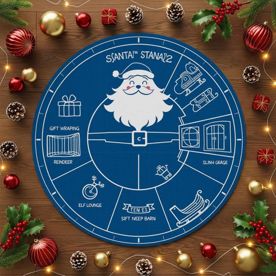 Discover Round Santa Workshop Map Rug  Fun Holiday Carpet with Gift Wrapping, Sleigh Garage and Reindeer Barn  Festive Christmas Floor Decor