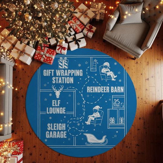 Discover Round Christmas Elf Workshop Rug  Santas Map with Gift Wrapping, Reindeer Barn and Sleigh Garage  Fun Holiday Carpet for Home - Xmas Gift