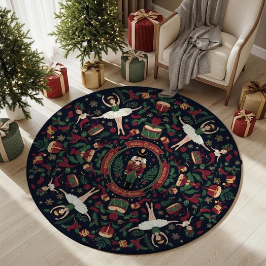 Discover Nutcracker Christmas Round Rug  Ballet Dancer Holiday Carpet with Gifts, Drums & Snowflakes, Festive Living Room or Xmas Tree Mat