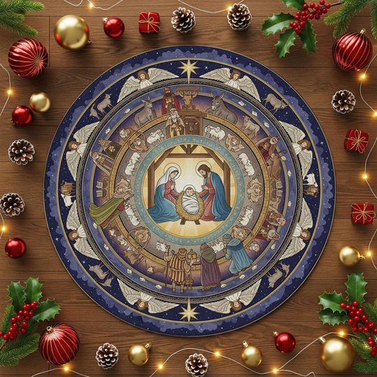 Round Nativity Scene Christmas Rug  Holy Family with Angels and Shepherds  Religious Holiday Carpet for Home or Church Decor - Xmas Gift