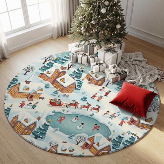 Round Christmas Rug  Winter Village Scene with Santa Sleigh & Snowmen, Festive Holiday Floor Mat, Cozy Xmas Home Decoration - Ideal Gift