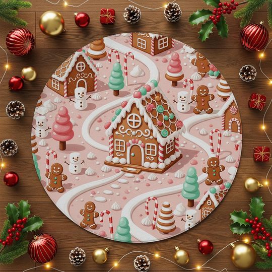 Discover Round Gingerbread House Christmas Rug  Candy Cane and Snowman Scene  Festive Holiday Carpet for Living Room or Kids Room Decor