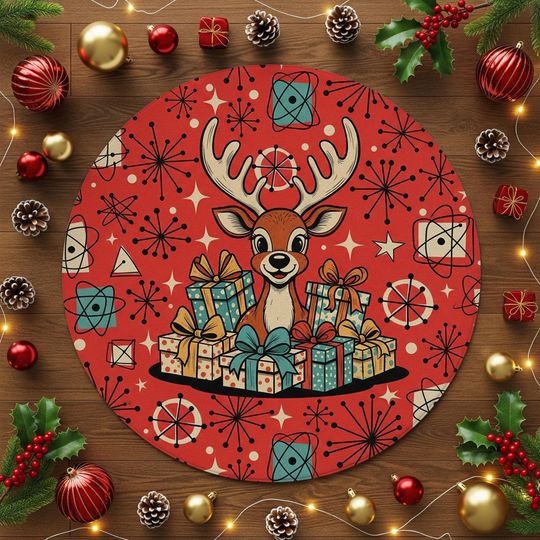 Discover Festive Reindeer Christmas Rug  Retro Holiday Carpet with Colorful Wrapped Gifts on Red Background  Vintage Style Xmas Home Decoration