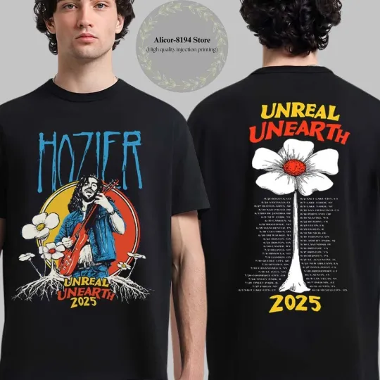 Discover Hozier Unreal Unearth 2025 Tour Black Flower T-Shirt