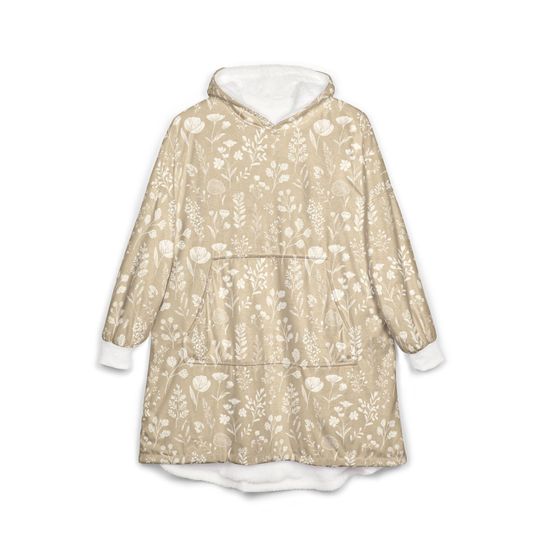 Unisex Hooded Blanket, Oversized Wearable Hoodie Blanket, One Size Fits All, Outdoor Softball Snuggly Hoodie Cloak, Tan Beige Botanical