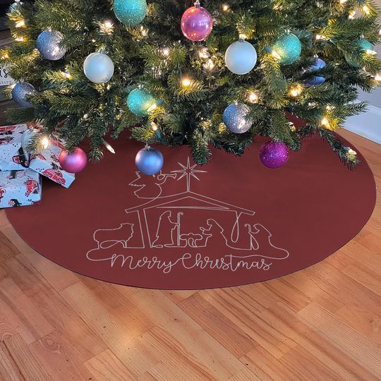 Red Nativity Christmas Tree Skirt, Christian Holiday Tree Base Cover, Religious Christmas Decor, Holy Family Scene Skirt, Nativity Scene