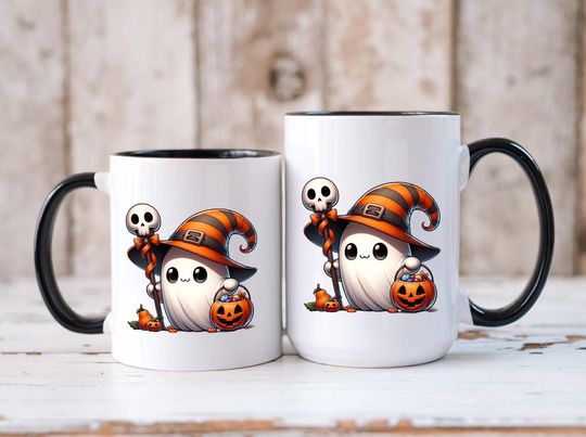 Discover Cute Ghost 11oz Coffee Mug Funny Halloween Ceramic Cup Witch Hat Ghost with Pumpkin Fall Teacher Gift Spooky Autumn Kitchen Decor Cup