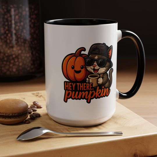 Discover Cute Cat Halloween Coffee Mug - Hey There Pumpkin, Fall Coffee Cup, Pet Lover Gift, Seasonal Mug, Black Accent Cup, Cute Fall Cat Mug