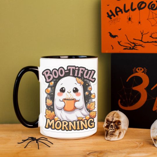 Discover Ghost Coffee Mug | Boo-tiful Morning Halloween Accent Mug, Cute Ghost Mug with Colored Handle