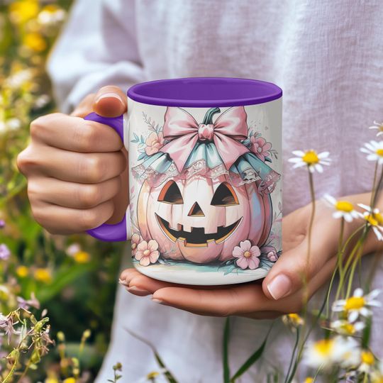 Discover Kawaii Pumpkin Mug: Lace & Bow - Coquette Halloween Coffee Cup