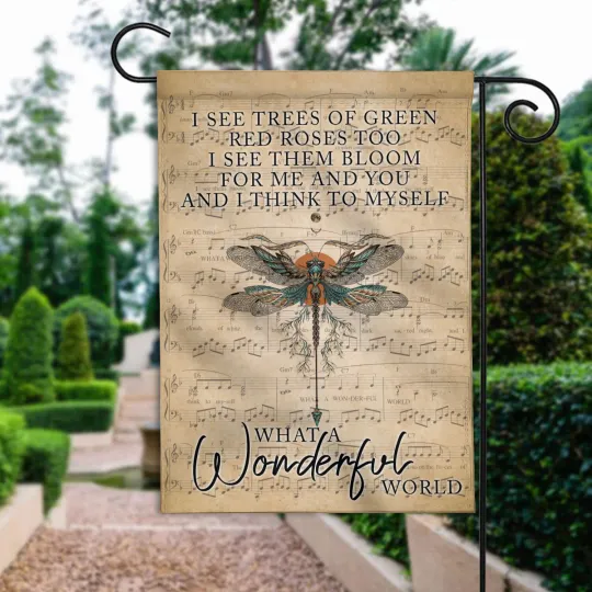 And I Think To Myself What A Wonderful World Flag, Vintage Hippie Dragonfly Garden Flag