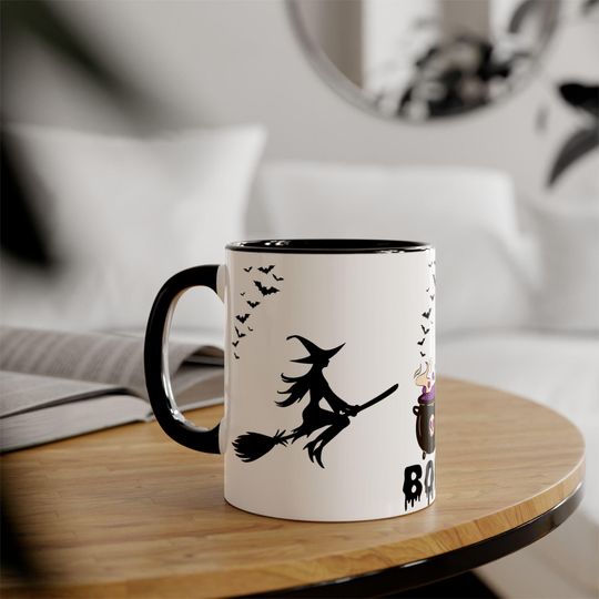 Discover Halloween Accent Mug, Mug Design, Spooky Coffee Cup, Trick or Treat Tea Mug, Black and Orange Mug, Witchy Beverage Mug