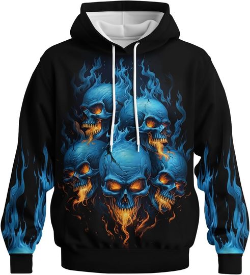 Discover Men's Casual Skull Hoodies Sweatshirt Vintage Graphic Pullover Long Sleeve with Pocket