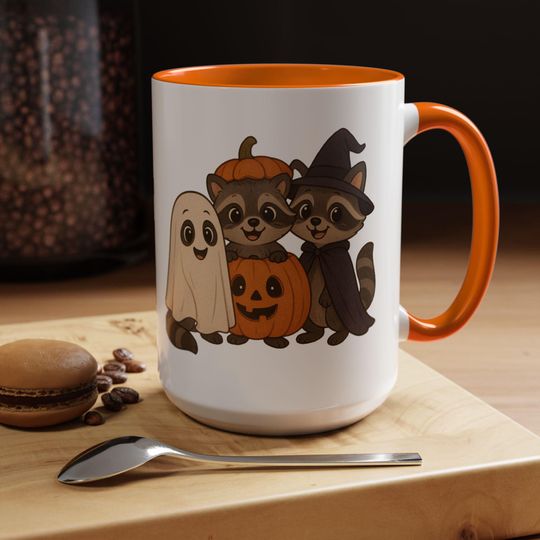 Halloween Raccoon Mug Cute Ghost Raccoon Pumpkin Accent Coffee Cup Fun Gift for Kids and Adults