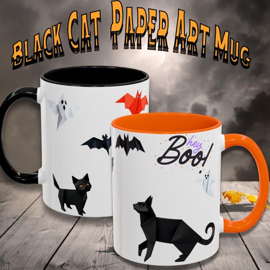 Discover Spooky Origami Black Cat Halloween Mug, Ghost and Bat Accent Coffee Mug, Cute Paper Art Fall Gift for Cat Lovers,   Ceramic Cup