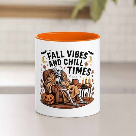Fall Vibes and Chill Times Skeleton Mug |Halloween Coffee Mug, Spooky Season Pumpkin Candle Cup, Cozy Fall Gothic Gift, Autumn Accent Mug