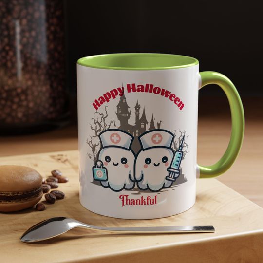Discover Halloween Themed Accent Coffee Mug, Cute Nurse Ghost Design, Perfect for Fall, Gifts for Halloween Enthusiasts, Spooky Decor, Thankful Vibes