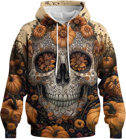 Discover Novelty Pumpkin Skull Hoodie Funny Halloween Hoodies Sweatshirts Pullover Long Sleeve