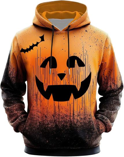 Discover Halloween Hoodie for Men Funny Pumpkin Face Hooded Sweatshirts Scary Skull Long SLeeve Tops Holiday Costumes 2025
